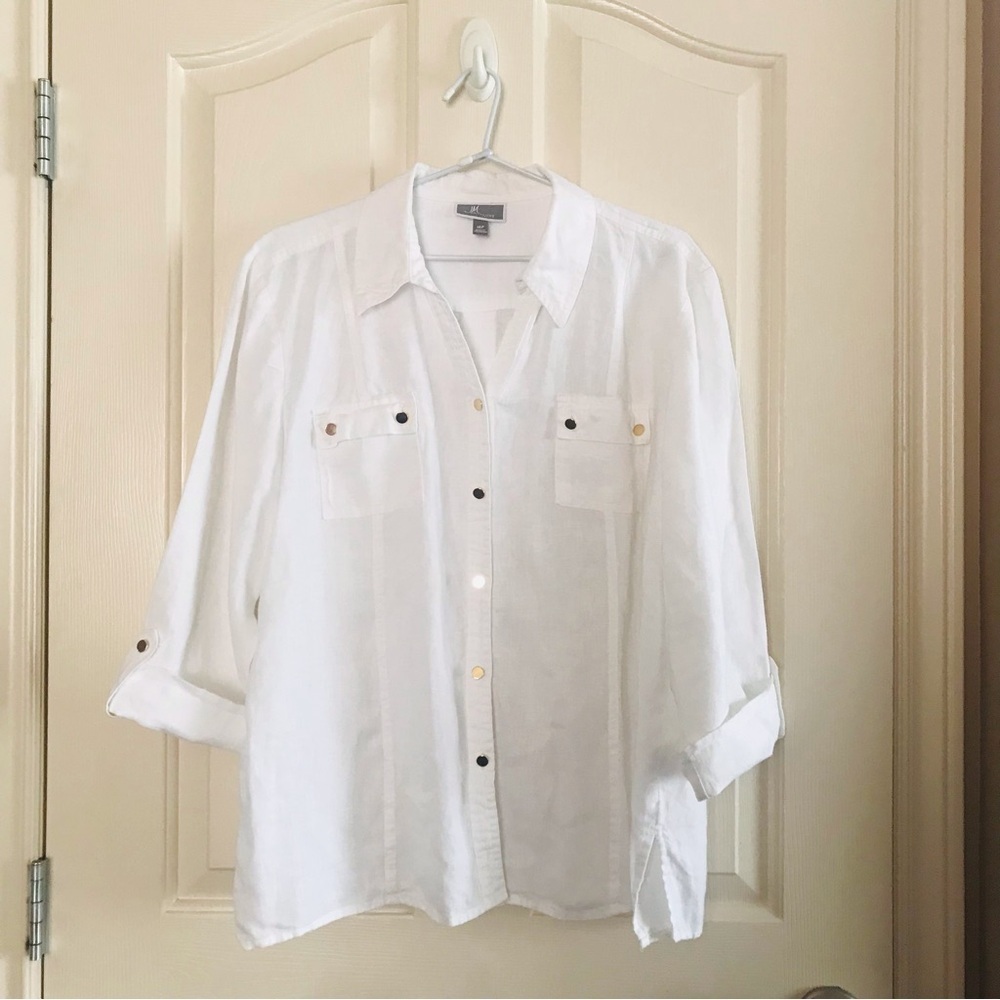 JM Collection Linen Button Down Long-sleeve Blouse White Size 16P